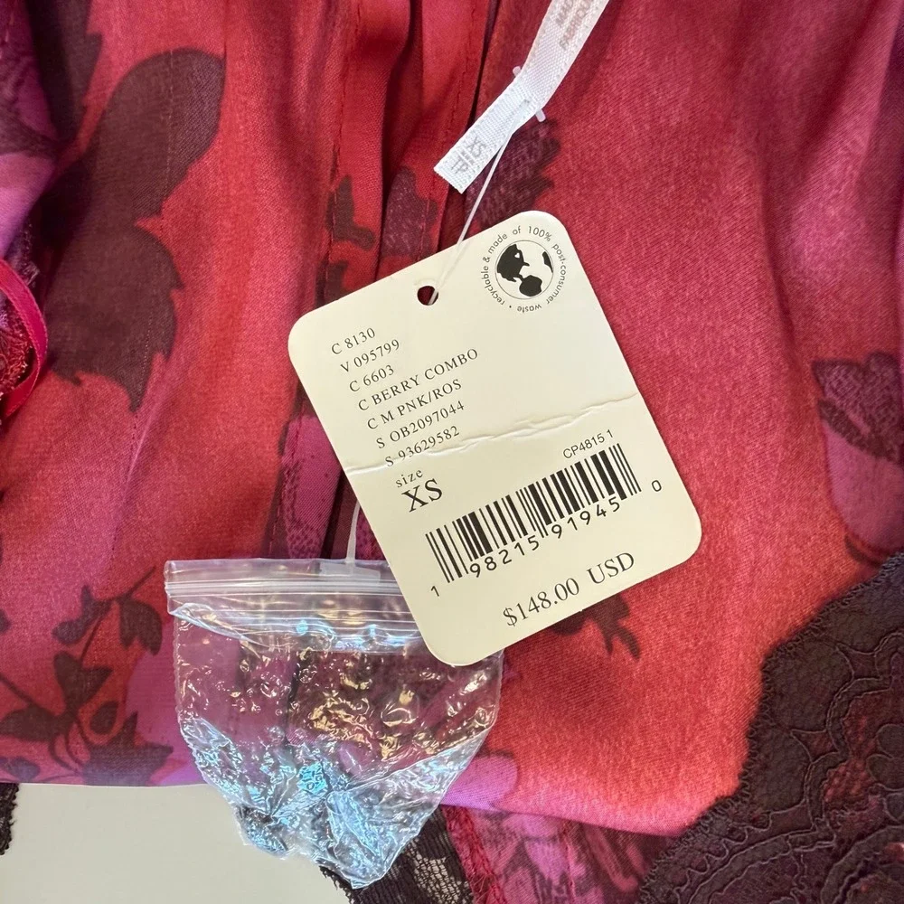 NWT Free People Jos Printed Satin Mini Dress Berry Combo Lace XS FLAWS